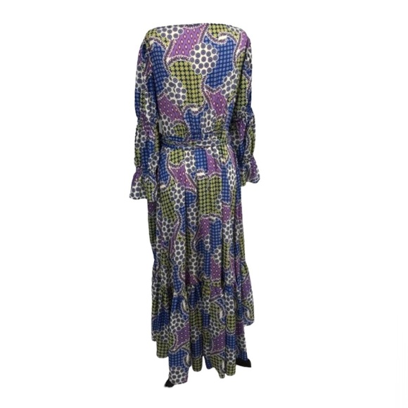 CQ by CQ multicolor geometric patchwork long sleeve ruffle Wrap Maxi dress Lg - Picture 2 of 14